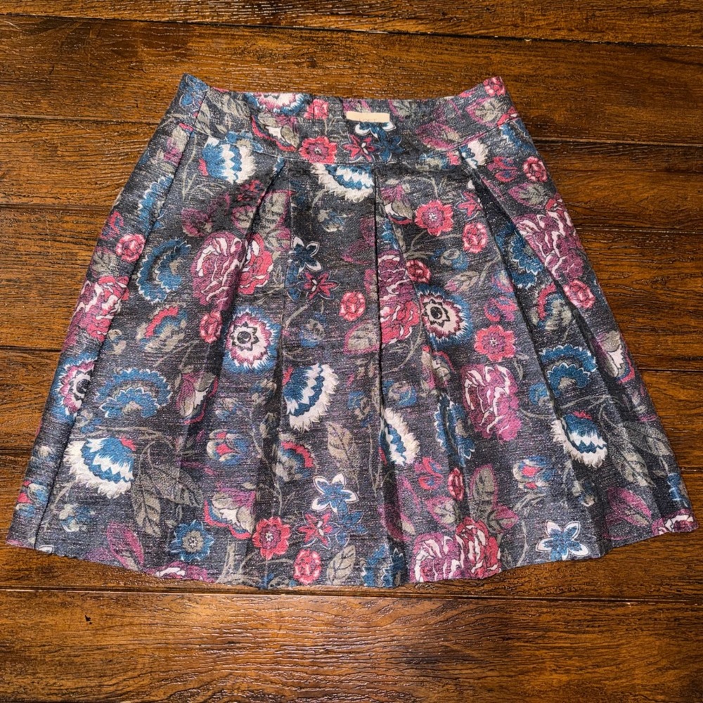 Loft Outlet Floral Jacquard Pleated Mini Skirt Metallic Pink Blue Size 2